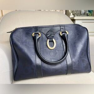 Vintage Christian Dior Coated Canvas Boston Bag Diorissimo PVC Leather Navy Gold